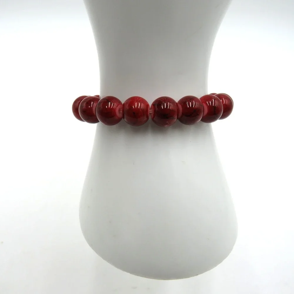 Red Beaded Stretch Bracelet Round Glossy Marbled Beads‎ Fashion Jewelry Unisex